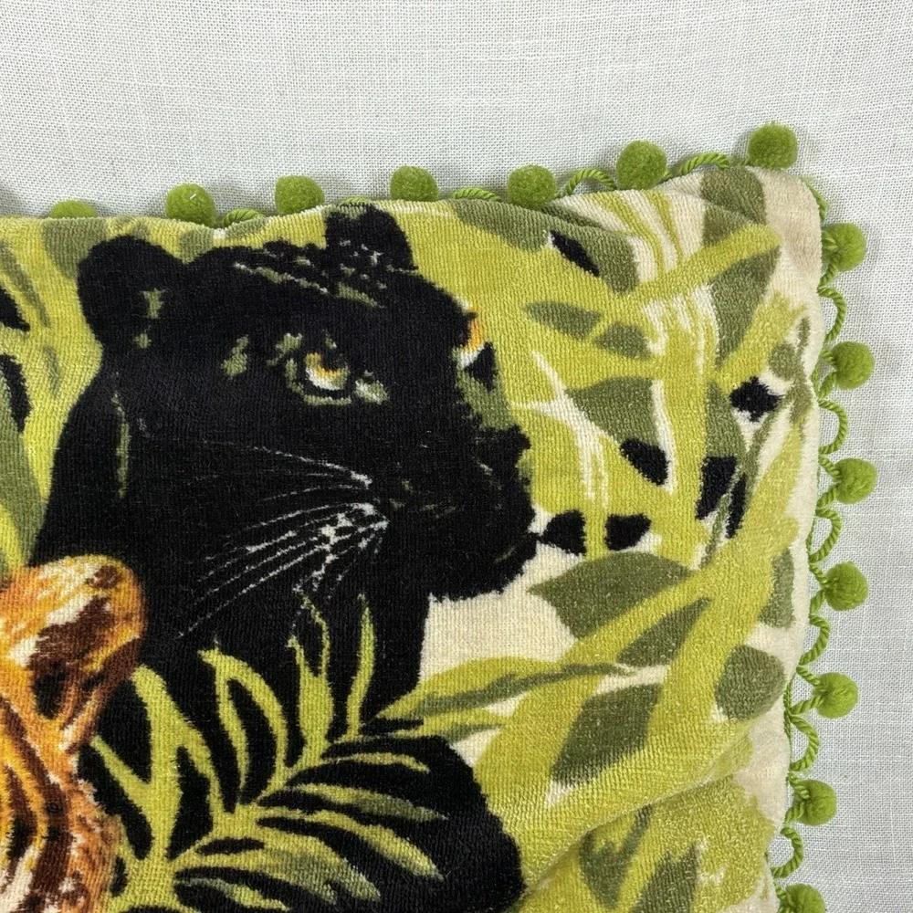 VTG 70s 80s Tiger Panther Throw Pillow Pom Pom Fringe Jungle Soft Handmade EUC